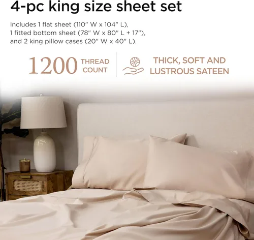 Miniatura 2 de Threadmill Sábanas de lujo de algodón Supima, 1200 hilos, suaves, 100% algodón, para cama tamaño King, juego de sábanas de 4 piezas, color beige
