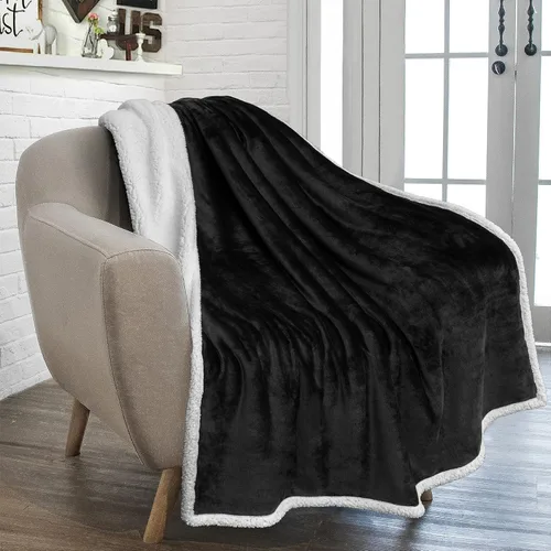 PAVILIA Manta Throw de Forro Polar Sherpa para Sofá, Negro, Manta de Sofá de Felpa Suave y Esponjosa, Manta de Invierno Reversible y Acogedora para