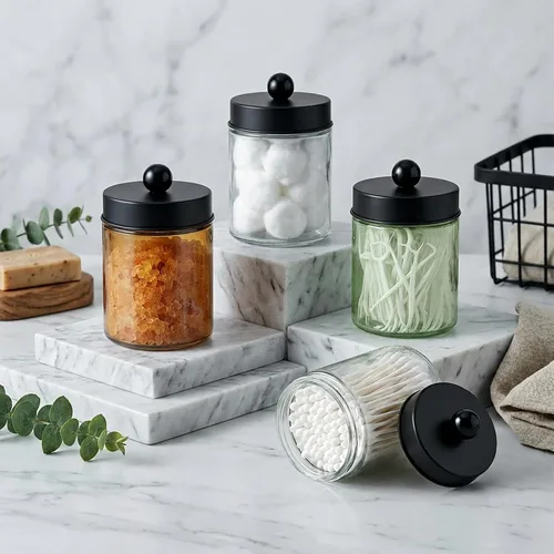 Miniatura 7 de Amolliar Juego de 2 organizadores de almacenamiento de vidrio para tocador de baño, recipiente de encimera con tapas de metal y calcomanías, tarros