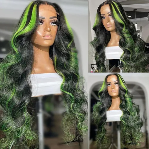 Miniatura 3 de Missyvan - Pelucas de encaje frontal verde para mujeres, ondas corporales, con detalles en negro y verde, tiras de rayas de zorrillo, sin pegamento
