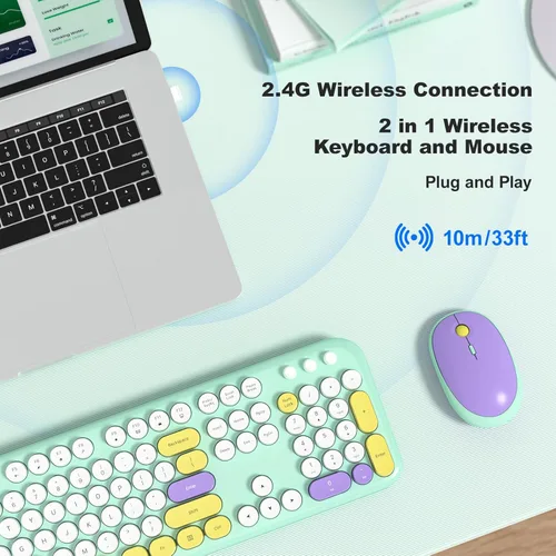Miniatura 136 de KNOWSQT Combo de teclado y ratón inalámbrico, teclados lindos de tamaño completo estilo máquina de escribir 2.4G azul colorido - receptor USB Plug