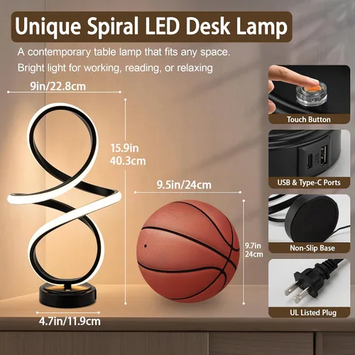 Miniatura 5 de Mayful Moderna lámpara de mesa en espiral, pequeña lámpara de mesita de noche negra con puertos USB C y A, control táctil regulable con 3