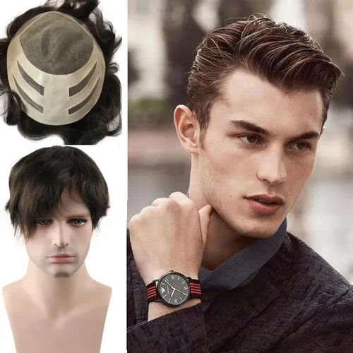 Miniatura 8 de Voloria Toupee - Pieza de cabello para hombre, sistema de reemplazo de cabello humano virgen 100% europeo, 10 x 8 pulgadas, color marrón claro #18