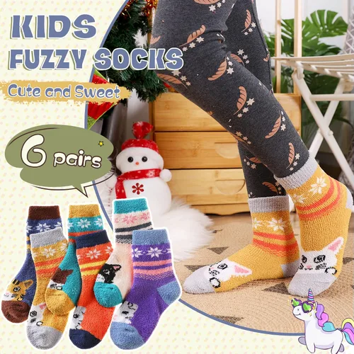 Miniatura 5 de Calcetines peludos para niños y niñas con agarres antideslizantes suaves cálidos acogedores para invierno mullidos para niños y niñas