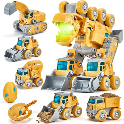 hahaland Juguetes para niños de 5+ años - Juguetes de dinosaurio desarmables para niños, vehículos de construcción 5 en 1 se transforman en