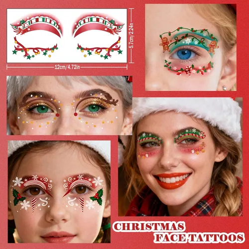Miniatura 4 de 12 pares de tatuajes temporales de maquillaje navideño para ojos, impermeables, árbol de Navidad, ciervo, delineador de ojos, sombra de ojos, kit
