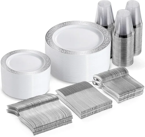 Miniatura 10 de GATHER 350 platos de plástico dorados. El juego de vajilla de plástico desechable blanco y dorado incluye 50 platos llanos, 50 platos de postre, 150
