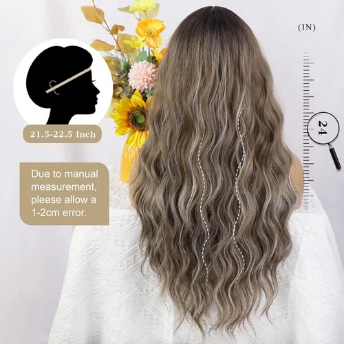 Miniatura 4 de AISI QUEENS Pelucas largas para mujer, onduladas, ombré, raya en medio, color marrón ceniza y rubio decolorado, pelucas rizadas de aspecto natural