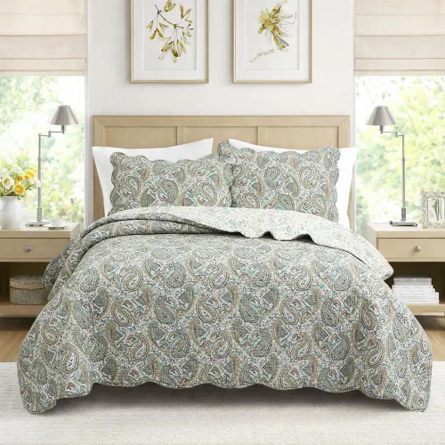 Miniatura 20 de Cozy Line Home Fashions Nina Trista Flowers - Juego de ropa de cama reversible 100% algodón con cinta azul aguamarina, estampado floral gris, colcha