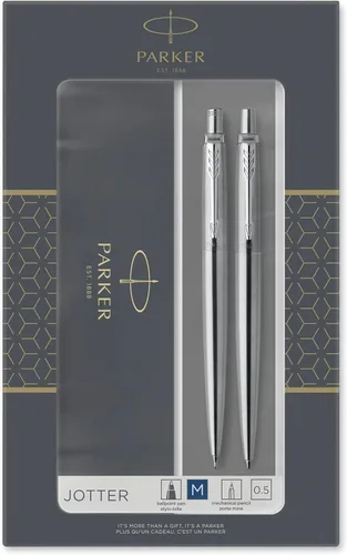 Juego de regalo Parker Jotter Duo, bolígrafo de bola y lápiz portaminas (0.5mm), acero inoxidable con borde cromado, recarga de tinta azul de