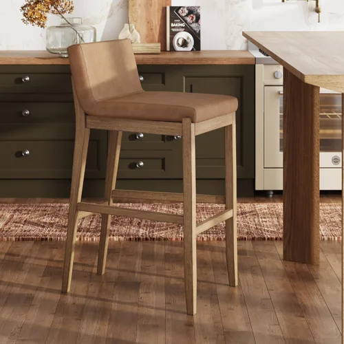 Miniatura 42 de Nathan James - Gracie - Moderno taburete alto con respaldo, silla alta tapizada con lino texturizado natural y patas de madera cepillada - Marrón