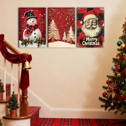 Miniatura 4 de Pennimor Lienzo decorativo para pared de Navidad, juego de 3 marcos de 12 x 16 pulgadas, decoración navideña a cuadros rojos y negros, póster