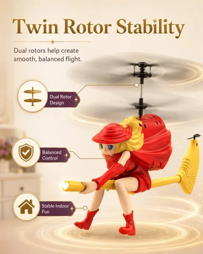 Miniatura 5 de Flying Witch Helicóptero RC para niños de 6 a 12 años, escoba mágica iluminada con retención de altitud y despegue con una tecla, juguete volador