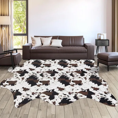 Miniatura 20 de Bonita alfombra con estampado de vaca, pequeña de piel sintética de vaca en blanco y negro, alfombra con estampado animal para mesa, dormitorio