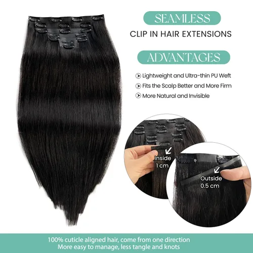 Miniatura 2 de Extensiones de cabello con clip sin costuras de cabello humano real, extensiones de cabello natural negro real con clip 7 piezas 100 g 36 cm