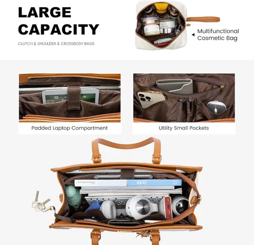 Miniatura 4 de LOVEVOOK Bolsa para laptop para mujer, bolsa de lona ligera de 15.6 pulgadas, bolsa grande para computadora, con bolso de mano, para negocios, Beige