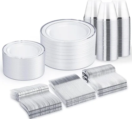 Miniatura 10 de WELLIFE Juego de vajilla desechable de 600 piezas color dorado y blanco para 100 invitados, platos de plástico blanco con borde dorado, platos