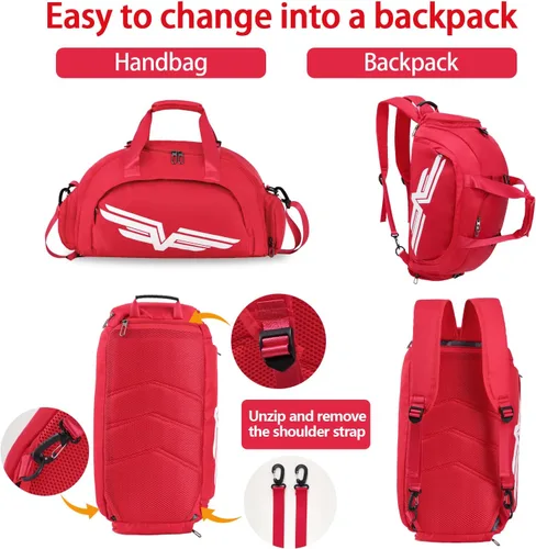 Miniatura 5 de FIORETTO Bolsa de deporte para hombre con bolsillo húmedo y compartimento para zapatos, ideal para viajes, gimnasio, deportes, natación, B-rojo