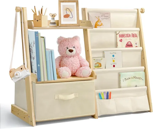 Miniatura 8 de Estantería para niños y organizador de juguetes 2 en 1, estante para libros para habitaciones de niños con cubo de juguetes móvil, estante de 4