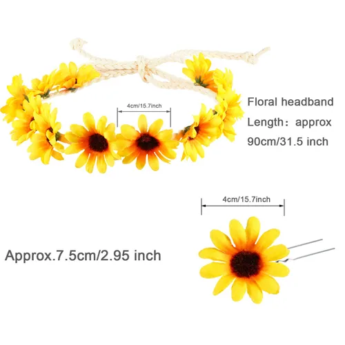 Miniatura 6 de 18 accesorios para el cabello de girasol, 3 diademas florales y 15 pinzas para el cabello para mujeres y niñas, corona bohemia de girasol, corona