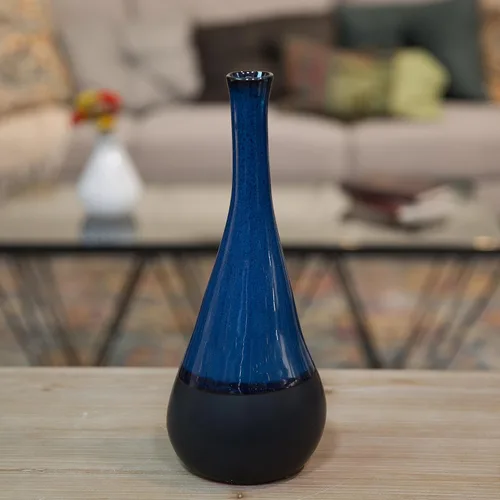 Miniatura 2 de Urban Trends Florero de gres redondo de boca pequeña, cuello largo y borde con bandas negras LG Gloss Finish Blue Jarrón