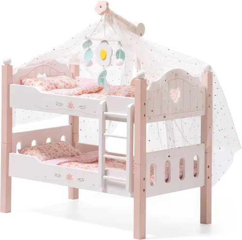Miniatura 11 de ROBOTIME Litera para Muñeca de Bebé, Cuna de Muñeca de Madera para Muñecas de 18 Pulgadas, Juguete de Muebles para Muñeca American Girl con Ropa