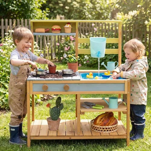 Costzon Cocina de madera para niños, cocina de barro al aire libre con fregadero extraíble, caja de agua y grifo, parte superior de la estufa, Azul