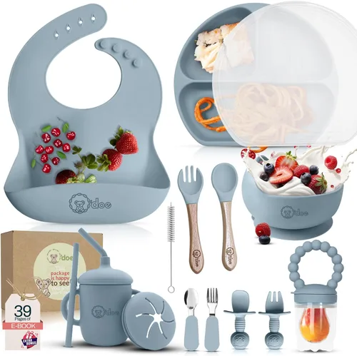 Miniatura 5 de O'doe Juego de alimentación para bebé de 17 piezas sin BPA de silicona Placas de succión gruesas y suaves, tazones para bebé, tenedor y cuchara