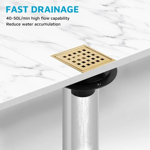 Miniatura 6 de Desagüe de ducha cuadrado de 4 pulgadas con brida, kit de drenaje de suelo de ducha de azulejos dorados cepillados, acero inoxidable 304, rejilla