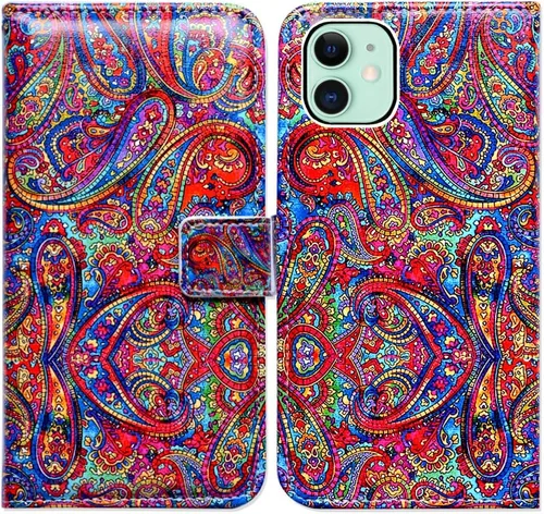 Miniatura 25 de Bcov Funda para iPhone 11, funda de piel con tapa y función atril para iPhone 11, diseño de flores y mariposas azules
