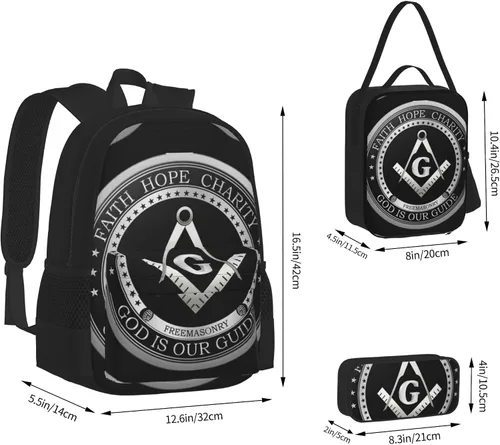 Miniatura 2 de SWEET TANG Mochila escolar para estudiantes, con logotipo masónico de Fe, Esperanza y Caridad, Masón, Negro, Viaje, Senderismo, Gran Capacidad