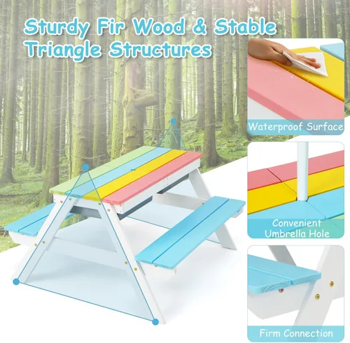 Miniatura 8 de Costzon Mesa de Picnic para Niños con Contenedores Sensoriales, Mesa de Arena y Agua 4 en 1 con Sombrilla de Altura Ajustable, Superficie de Mesa