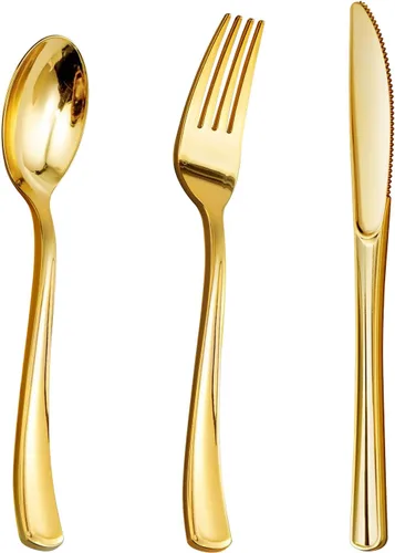 Goodluck 150 cubiertos de plástico dorados, utensilios dorados desechables, juego de 50 tenedores, 50 cucharas, 50 cuchillos para bodas, fiestas,