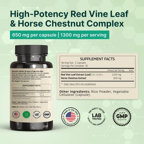 Miniatura 2 de VINATURA Extracto de hoja de vid roja, castaño de indias, 1300 mg/porción, fabricado y probado en EE. UU., soporte para la circulación y las venas