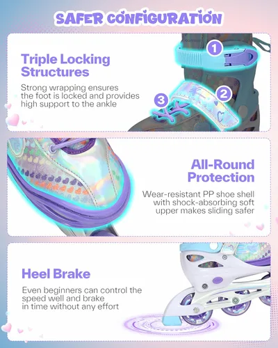 Miniatura 6 de Sportneer Patines en línea ajustables de 4 tamaños para niñas, patines en línea para niños, talla 12C-9 con ruedas iluminadas, patín