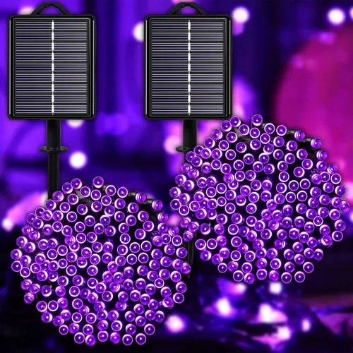 Miniatura 10 de Guirnalda de luces solares azules impermeables para exteriores, paquete de 2 unidades de 144 pies, 400 LED con 8 modos de impermeabilidad IP44