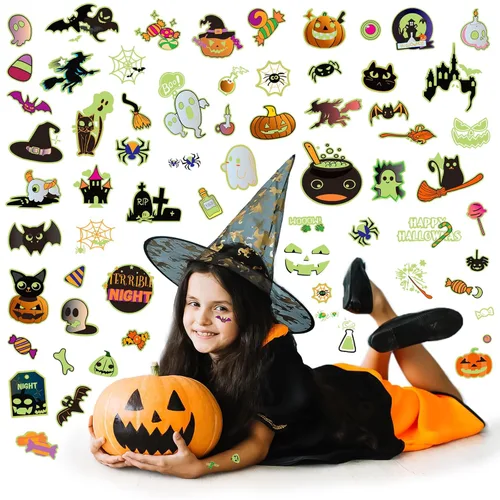 Miniatura 6 de 124 tatuajes temporales de Halloween que brillan en la oscuridad para niños, calcomanías de tatuaje falsas luminosas impermeables para fiesta