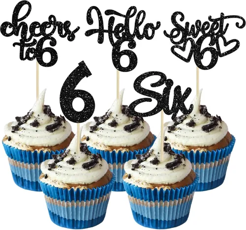 30 piezas Adornos para pastel de cumpleaños de 6 años, seis brillos, hola 6, púas para cupcakes, felicitaciones a los 6 años, decoraciones para
