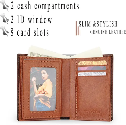 Miniatura 2 de Billetera de cuero de grano completo para hombres con RFID plegable con ventana de identificación lateral abatible 2, Amarillo Marrón, Classic