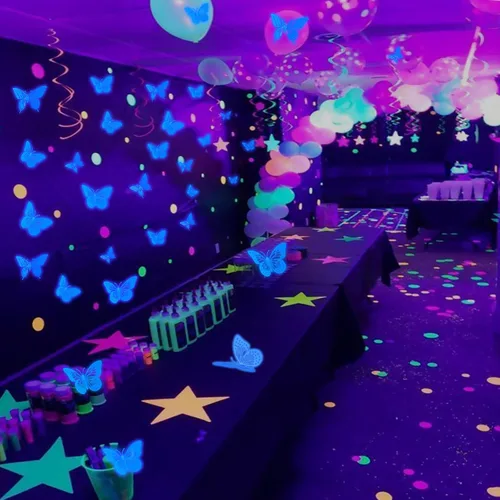 Miniatura 3 de SAOROPEB - Calcomanía 3D de mariposa que brilla en la oscuridad, 24 unidades, 3 tamaños, para decorar techo o pared, suministros de fiesta