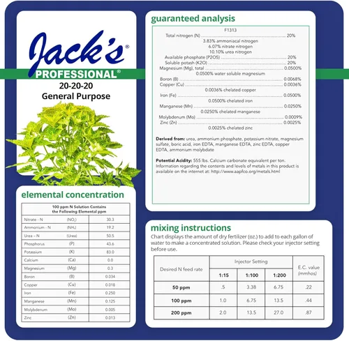Miniatura 2 de Fertilizante de Propósito General Jack's Professional 20-20-20 Soluble en Agua con Micronutrientes para Plantas de Alimentación Intensa en Programas