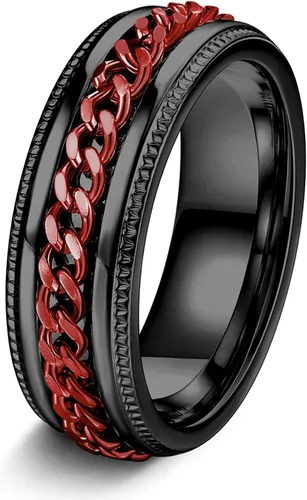FIBO STEEL - Anillos de acero inoxidable de 8mm para hombres, anillos con cadena incrustada y borde con textura, disponible en tallas 7-14