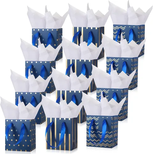 Miniatura 13 de Tenare 12 bolsas de regalo pequeñas, mini bolsa de papel metálica a granel con asa de papel de seda para envoltura de regalo, día del padre, Blanco