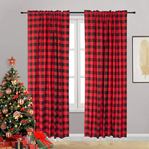 Miniatura 11 de ShinyBeauty Cortinas de cocina a cuadros negros de búfalo 2 paneles de cortinas opacas con borlas y bolsillo para barra, cortinas opacas de 63