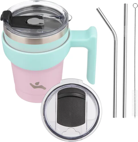 Miniatura 73 de Konokyo - Vaso de 10 onzas con asa y 2 popotes, 2 tapas, botella de agua aislada de acero inoxidable, taza de viaje reutilizable, color verde militar