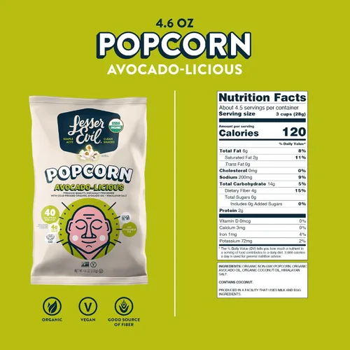 Miniatura 7 de LesserEvil Palomitas de maíz orgánicas "Avocado-licious", exclusivo de Amazon, calidad premium, mínimamente procesado, sin aceite vegetal, 4.6