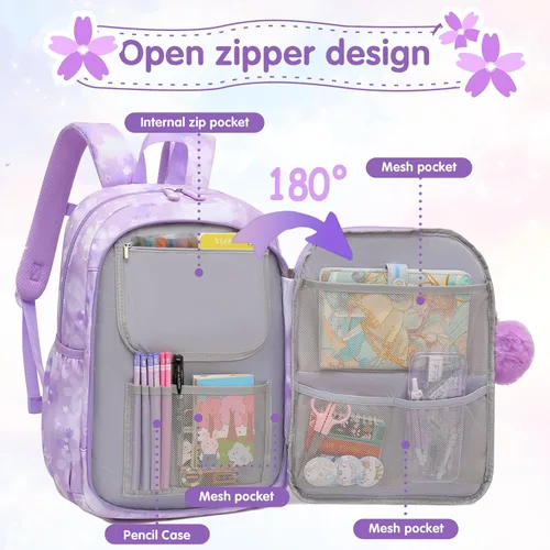 Miniatura 3 de Linda Mochila para Niñas Escolar Bolso para Estudiantes Niños Bolso de Libro con Múltiples Bolsillos Mochila Infantil Resistente a Salpicaduras