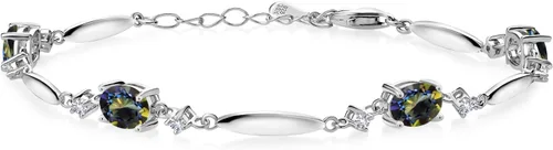 Miniatura 38 de Gem Stone King 925 Sterling Silver Gemstone Birthstone and White Created Sapphire Tennis Bracelet For Women Oval 7X5MM and 2MM 6 Inch + 1 Inch