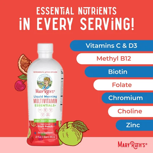Miniatura 7 de MaryRuth Organics Liquid Morning Multivitamin Essentials+ Vitamina A C D E B6 B12 Biotina Zinc, para hombre y mujer, multivitamínico, apoyo