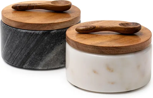 Cork & Mill Cuencos de Sal y Pimienta de Mármol - Juego de 2 Saleros y Pimenteros de Mármol Sólido Blanco/Gris Hechos a Mano con Tapas y Cucharas -